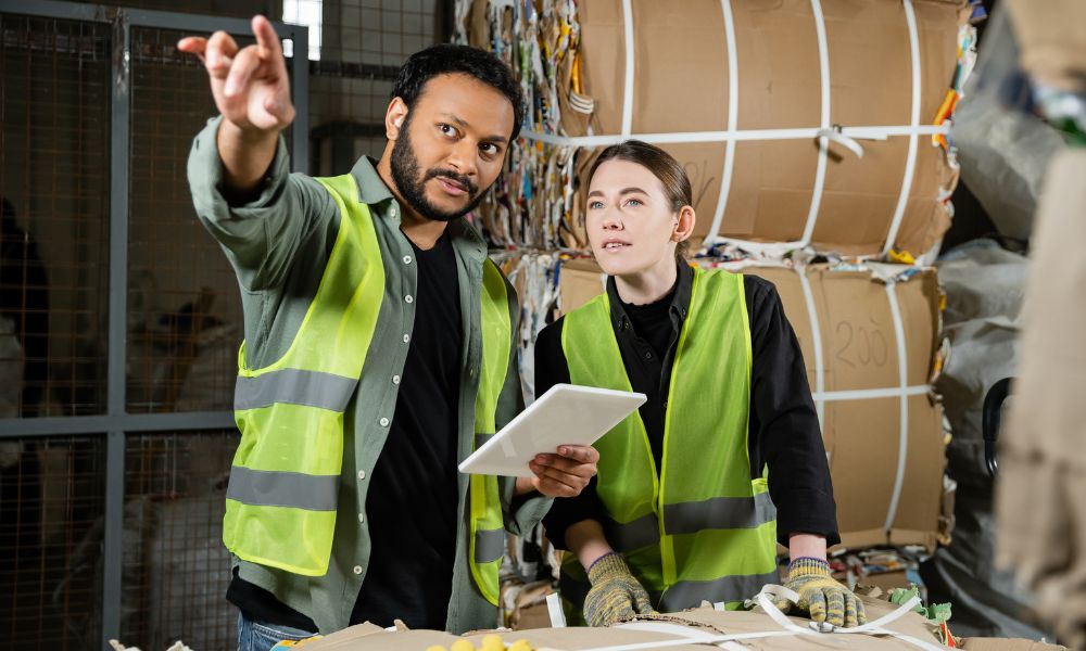 two coworkers going over baling and compacting safety and process in a warehouse