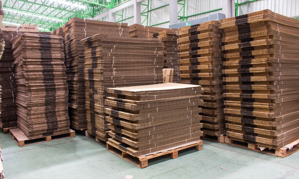 stacks of cardboard in a warehouse